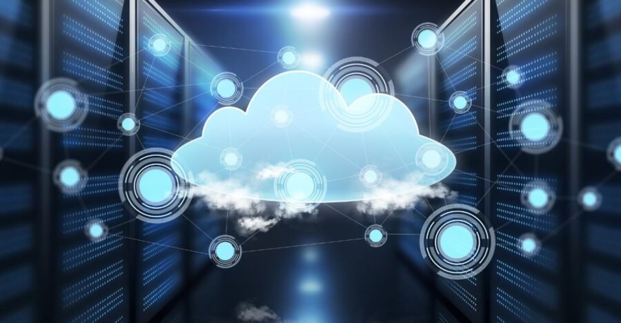 a cloud floating over a server in a server room.
