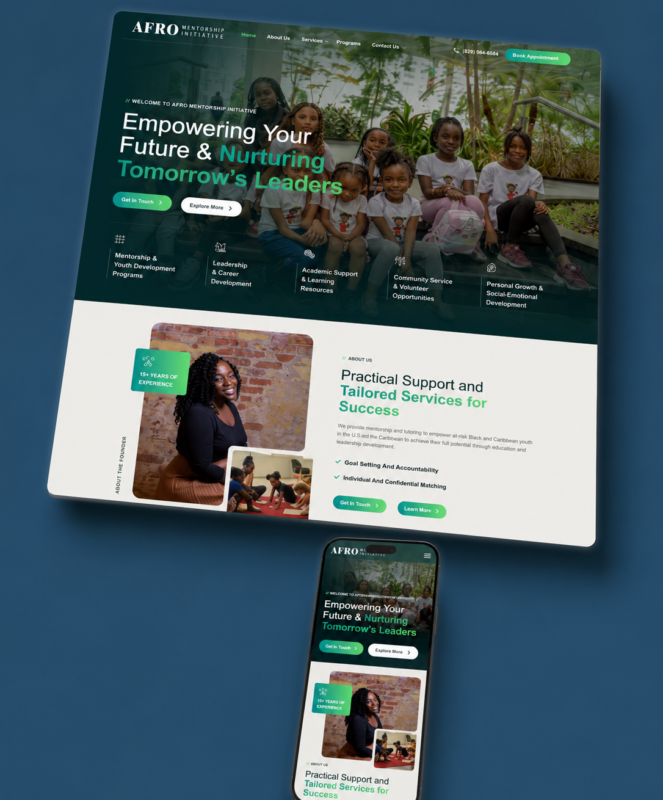 Mentorship website design showing "Empowering Your Future & Nurturing Tomorrow's Leaders" with diverse youth, leadership prog