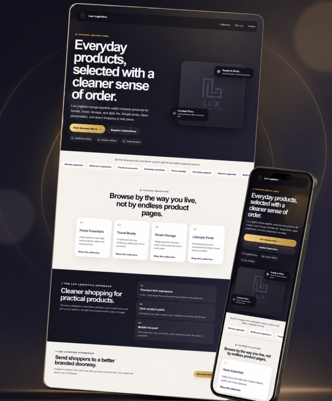 Lux Logistics website design showing desktop and mobile layouts with product categories, navigation, and "cleaner sense of or
