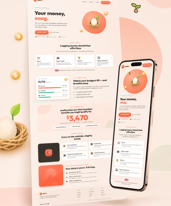 Nestby financial app interface showing budget tracking, money management features, and mobile app design with coral and orange